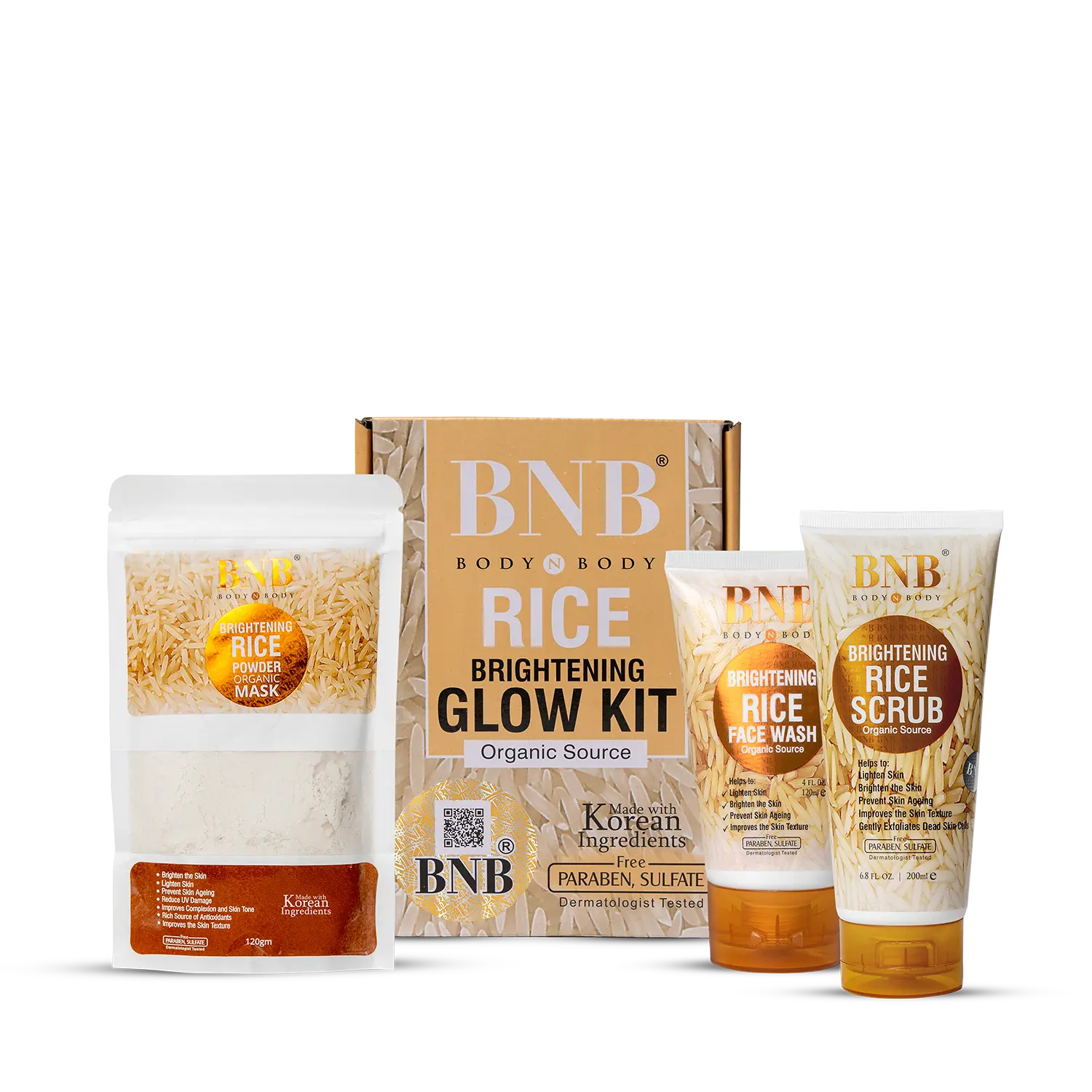 BNB Brightening Rice Glow Kit (Face Wash + Scrub + Mask)